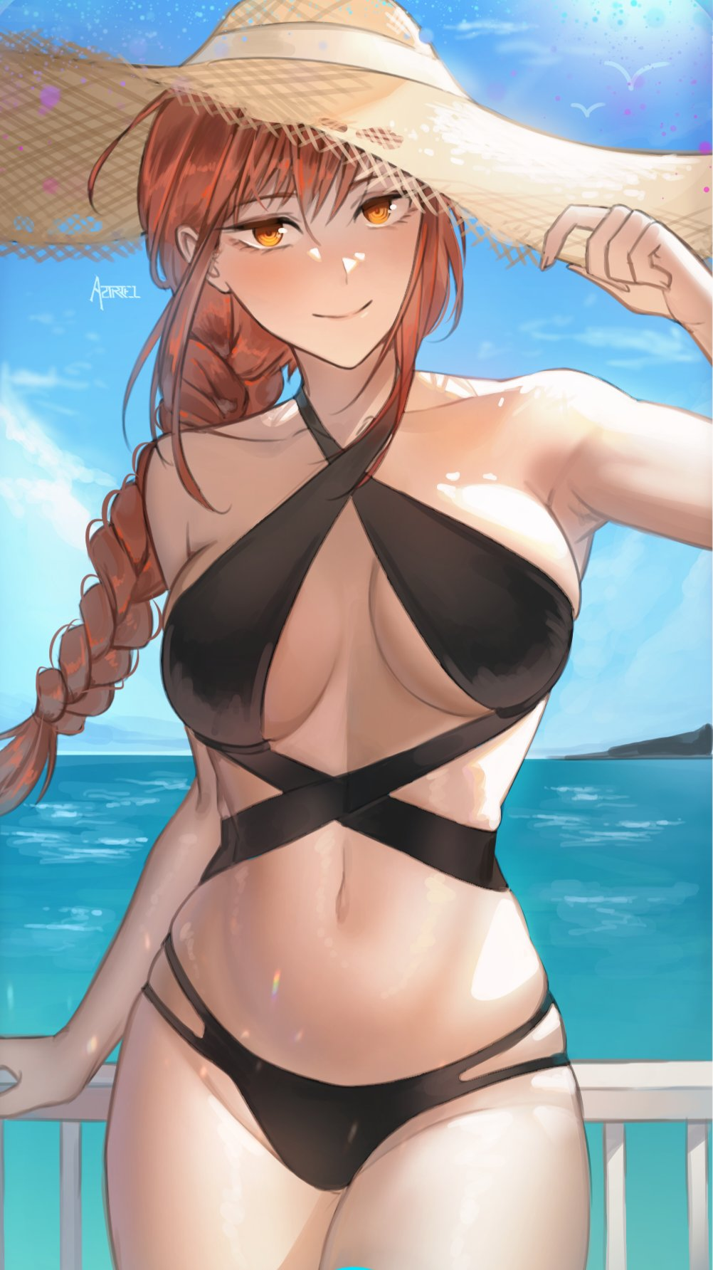 armpits aztriel bikini black_bikini braid braided_ponytail chainsaw_man dappled_sunlight female female_focus hat highres long_bangs long_hair looking_at_viewer makima_(chainsaw_man) ocean ponytail red_hair solo straw_hat sunlight swimsuit yellow_eyes