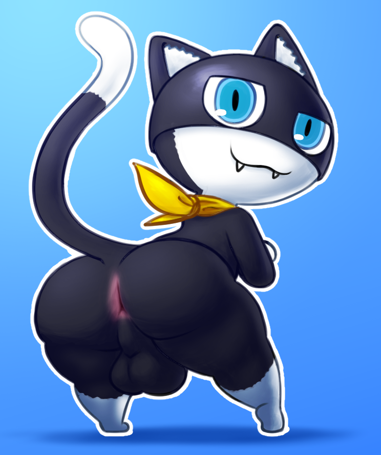 anthro anus ass ass_focus balls black_fur blue_eyes cat_ears cat_tail catboy feline femboy furry genitals meowny morgana morgana_(persona) persona persona_5 shortstack smile smiling smiling_at_viewer