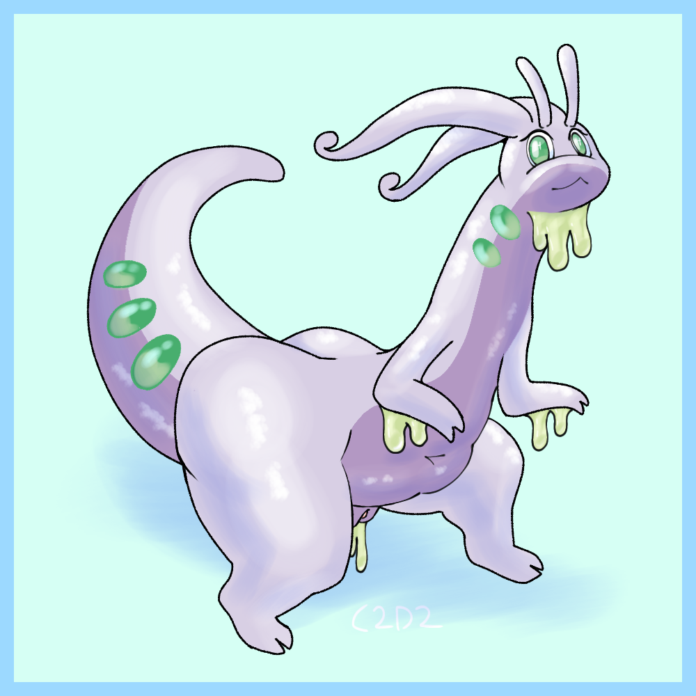 1:1 antennae_(anatomy) anthro ass big_butt biped c2d2 colored dragon eyelashes female gem generation_6_pokemon goodra green_eyes looking_at_viewer multicolored_body mythological_creature mythological_scalie mythology navel nintendo nude pokemon pokemon_(species) purple_body scalie shaded slightly_chubby slime smile smirk solo tendrils thick_thighs two_tone_body