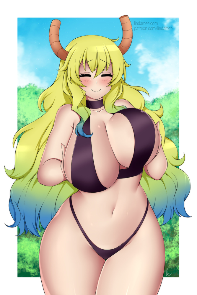 1female 1girls big_breasts bikini black_bikini black_swimsuit blonde_hair breast_hold breast_lift breasts busty busty_female busty_milf closed_eyes dragon dragon_girl dragon_horns dragon_maid female fuckable goddess horns huge_breasts kobayashi-san_chi_no_maidragon large_breasts lindaroze lucoa lucoa_(maidragon) maidragon milf miss_kobayashi&#039;s_dragon_maid outdoors playing_with_breasts pussy quetzalcoatl_(dragon_maid) smile smiling soft_breasts swimsuit tagme thick_thighs voluptuous voluptuous_female voluptuous_milf