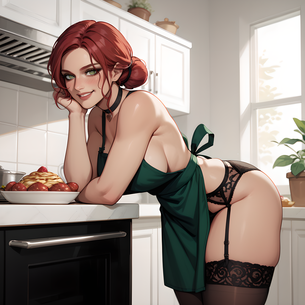 ai_generated apron bending_forward big_breasts black_stockings cooking domestication eogard_orc garter_belt garter_straps green_eyes kitchen naked_apron red_hair self_upload smiling smiling_at_viewer stable_diffusion the_witcher_(series) the_witcher_3:_wild_hunt triss_merigold