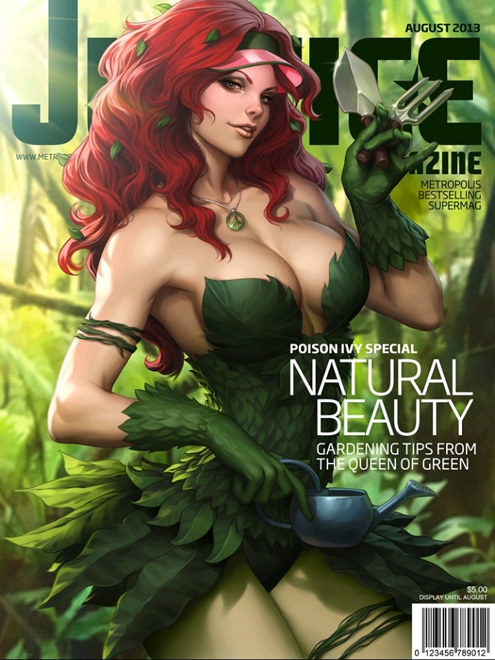 2013 artgerm cleavage dc dc_comics deviantart_link female_only gardening_tools green_clothing green_theme large_breasts leaf_clothing light-skinned_female looking_at_viewer magazine magazine_cover pamela_isley poison_ivy red_hair solo solo_female strapless villainess