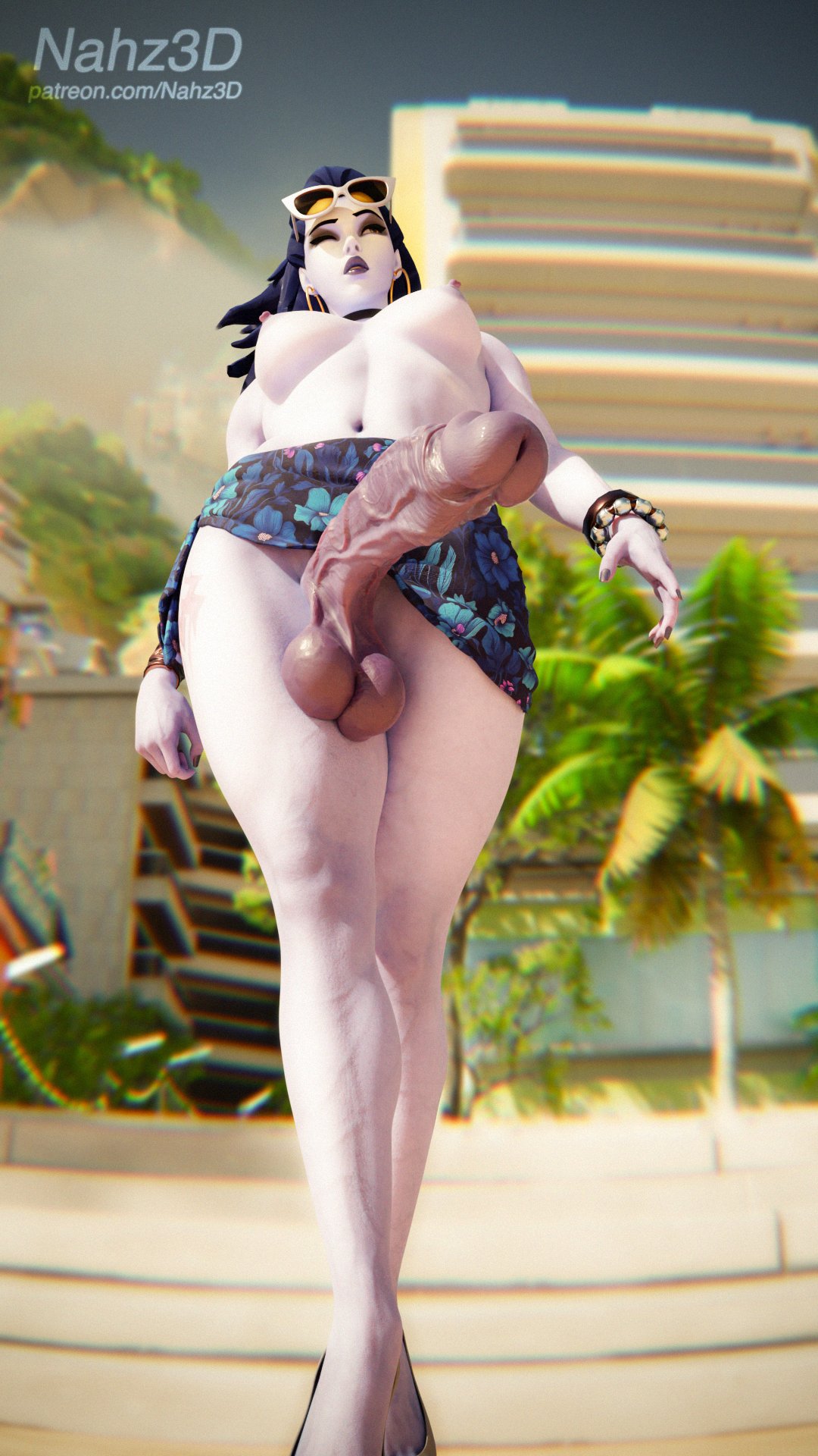 1futa 3d beach big_breasts big_penis futa_only futanari nahz3d nyl_widowmaker overwatch overwatch_2 thick_thighs walking widowmaker