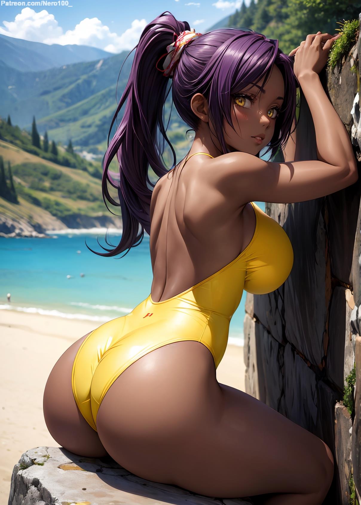 1girls, 2d, ai generated, ass, ass focus, athletic, athletic female, belly, big ass, big breasts, big butt, bleach, bleach: the thousand-year blood war, breasts, cameltoe, chest, cleavage, curvy, curvy figure, cute, cute face, dark hair, dark skin, dark-skinned female, detailed, eyelashes, eyeshadow, female, female only, fit, fit female, focus, from behind, high quality, legs, lips, lipstick, long hair, looking at viewer, makeup, mascara, mature, nude, one-piece swimsuit, outdoors, posing, public, purple hair, pussy, sagging breasts, seductive, seductive look, shihouin yoruichi, sitting, stable diffusion, swimsuit, swimwear, tagme, tall, tall female, tanned, tanned female, tanned skin, thick ass, thick butt, thick thighs, thighs, wide hips, yellow eyes