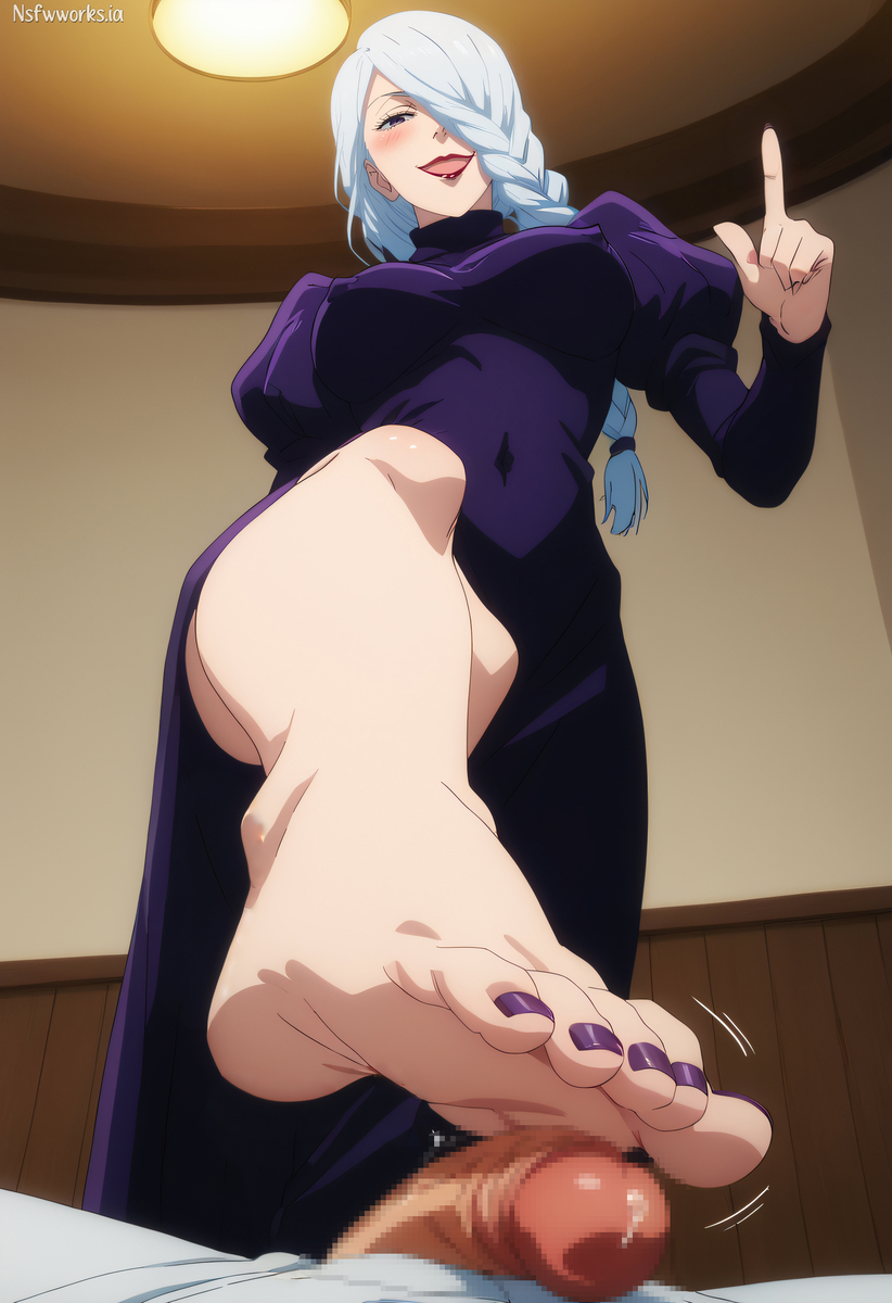 1boy1girl ai_generated big_breasts braided_hair dominant_female feet femdom foot_fetish foot_focus foot_play footjob from_below huge_breasts jujutsu_kaisen low-angle_view mei_mei_(jujutsu_kaisen) mommy penis purple_nails smug smug_face stepped_on stepping stepping_on_male stepping_on_penis tight_clothing toenail_polish trampling