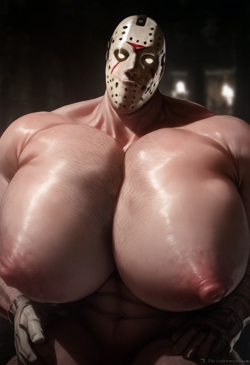 1boy abs ai_art ai_generated bara big_moobs big_nipples big_pecs body_hair chest_hair friday_the_13th gloves hyper_moobs hyper_muscles jason_voorhees large_pectorals male male_breasts male_only man_boobs manboobs mask masked_male moobs muscular muscular_male pecs rokudenashi_(style) rokuworshiper shiny_skin