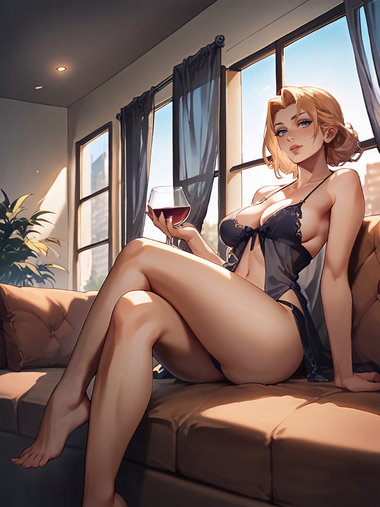 ai_generated blonde_hair couch crossed_legs milf nightie wine