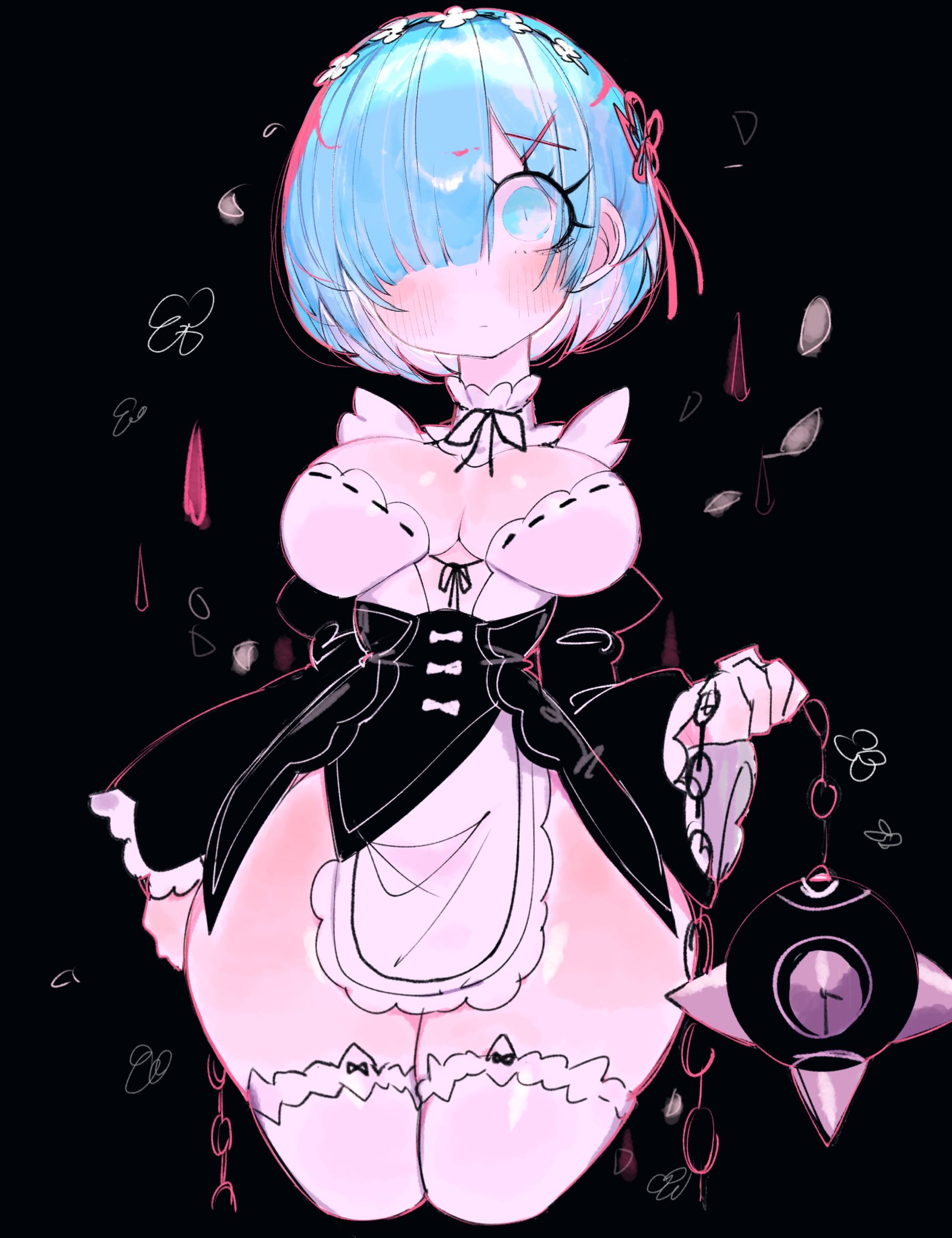 big breasts, blue hair, blush, boob window, breasts, female, looking at viewer, maid, re:zero kara hajimeru isekai seikatsu, rem (re:zero), thick thighs, thighhighs, thighs, thighs together, usa37107692, wide hips