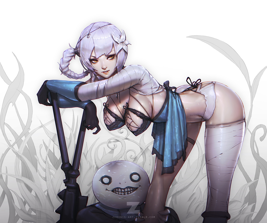 asian bent_over breasts cleavage emil_(nier) female fringe kaine_(nier) large_breasts nier_(series) nier_replicant pale_skin short_hair square_enix white_hair yellow_eyes zeronis