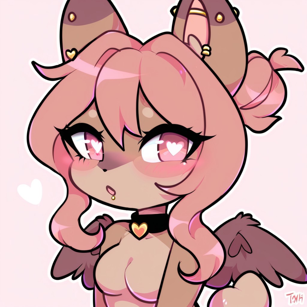 ai_generated anthro collar dark_wings furry hazel_(typh) heart-shaped_pupils pink pink_hair tagme tits typh