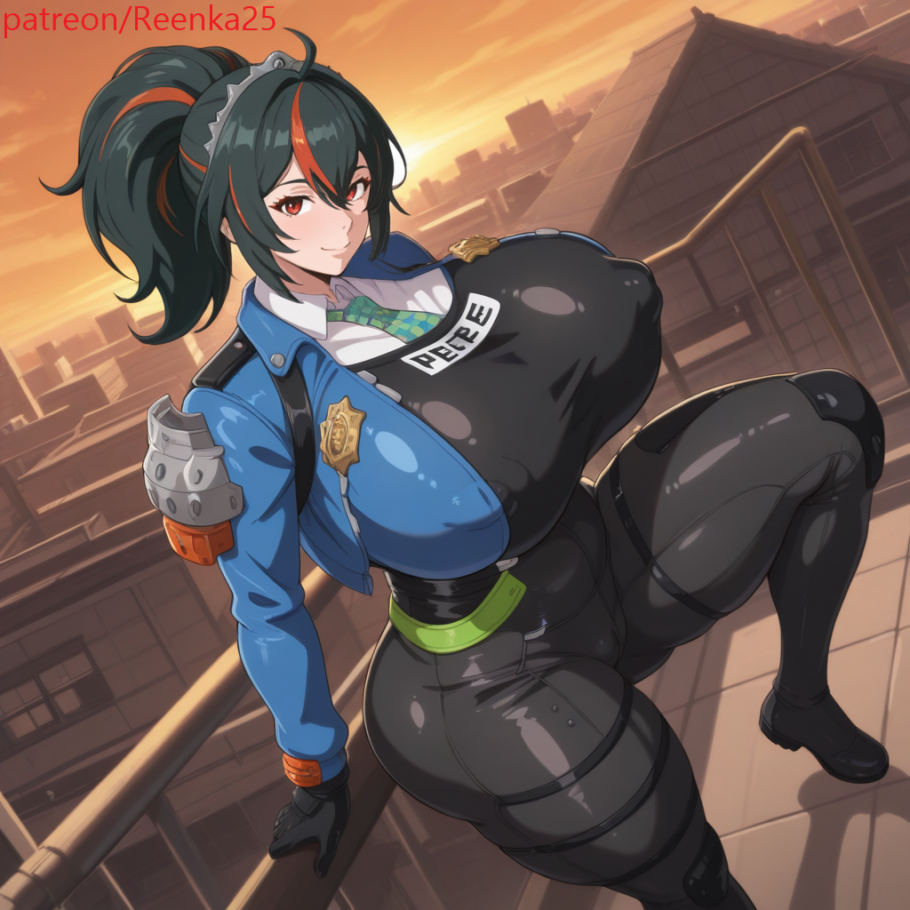 ai, ai generated, big ass, big breasts, black gloves, black hair, black pants, black vest, blue jacket, breasts, checkered necktie, city, collared shirt, cropped jacket, curvy, erect nipples, female, high-waist pants, huge ass, huge breasts, hyper breasts, knee up, long sleeves, open jacket, police uniform, ponytail, red hair, reenka25, roof, rooftop, skin tight, standing, streaked hair, sunset, thick, thick ass, thick thighs, tight pants, white shirt, zenless zone zero, zhu yuan