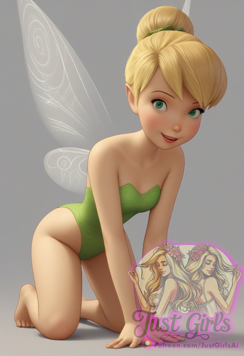 3d ai_generated all_fours blonde_hair cleft_of_venus disney disney_fairies fairy fairy_wings female_focus green_eyes perfect_body pussy sexy_pose simple_background small_breasts tinker_bell