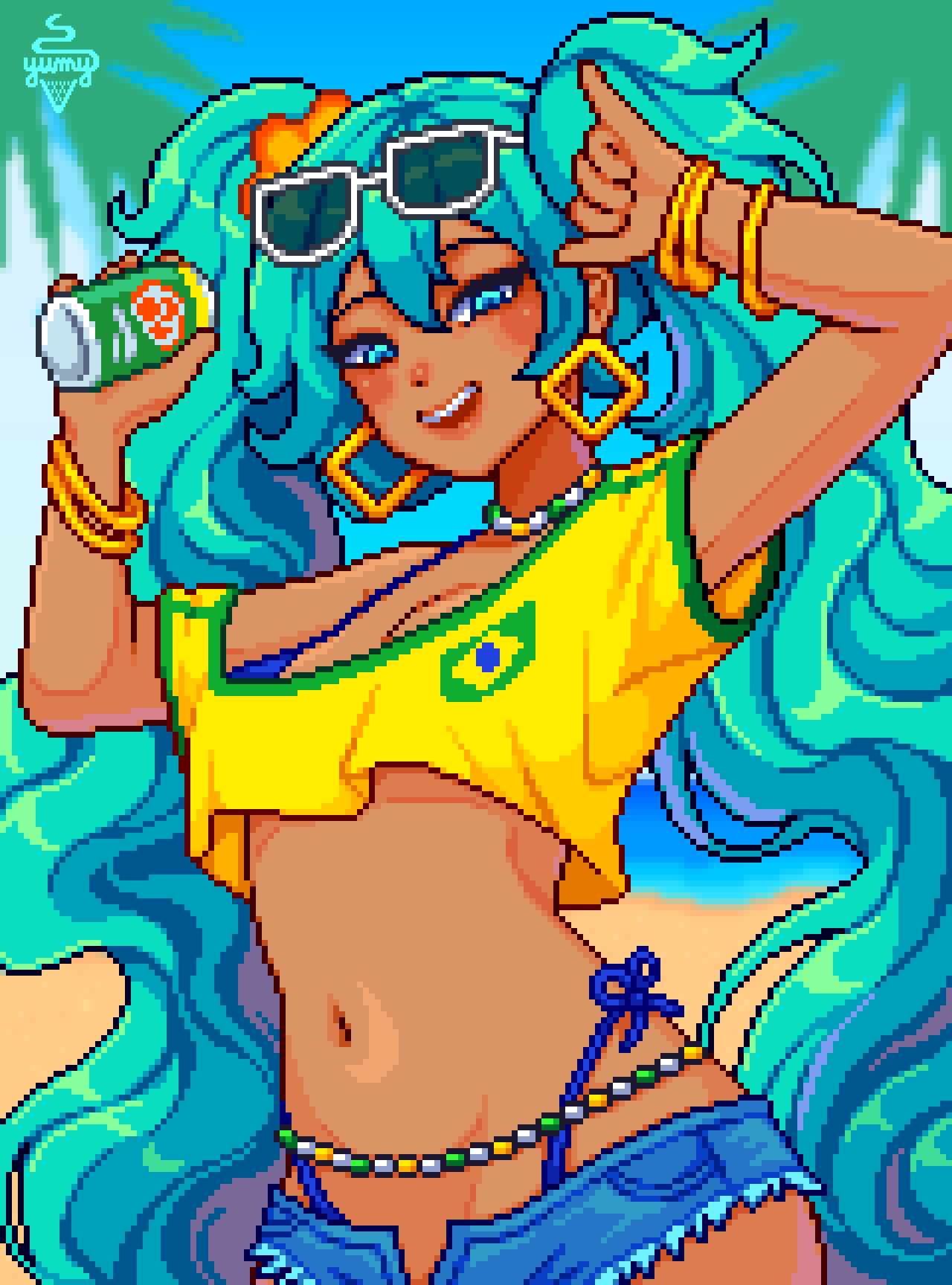 2020 2024 alternate_skin_color artist_logo bangles beach beads belly_button bikini bikini_under_clothes blue_eyes blue_hair booty_shorts brazil brazilian_female brazilian_miku crop_top_overhang dark-skinned_female ear_piercing flag glasses_on_head hatsune_miku holding_soda looking_at_viewer meme necklace pixel_art soda_can solo tanned_skin vocaloid waist_beads wristwear yumykon