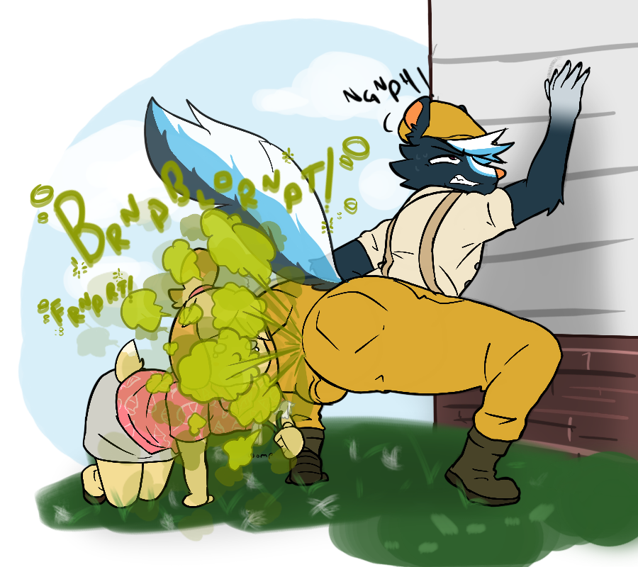 1boy1girl, 2d, animal crossing, ass, big ass, big butt, bulge, canine, clothed male, clothing, english text, fart, fart cloud, fart fetish, farting, farting in face, farting on another, farting on female, female, flower, footwear, fully clothed, green fart, green fart cloud, hat, headwear, isabelle (animal crossing), kicks (animal crossing), male, male fart, male/female, mephitid, no genitals, no sex, odka, on all fours, onomatopoeia, overalls, skunk, skunk fart, skunk tail, straining, sweat, sweating, text
