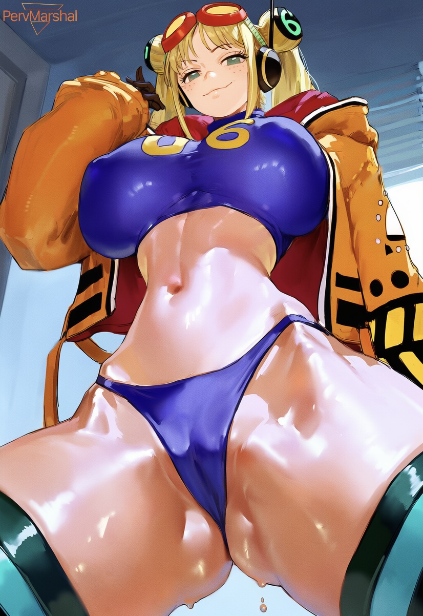 1girls, ai generated, blonde hair, blonde-haired female, breasts, cameltoe, double bun, female, female only, from behind, huge breasts, marshalperv, one piece, panties, pervmarshal, shiny skin, solo focus, thick thighs, twintails, vegapunk york