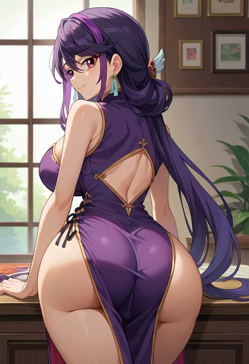 ai_generated ass black_hair chinese_clothes clothing earrings female hi_res huge_breasts isak2905 kurosaki_ruri looking_at_viewer lulu_obsidian pose purple_hair rear_view red_eyes seductive_look seductive_smile smile solo thick thick_ass thick_thighs yu-gi-oh! yu-gi-oh!_arc-v