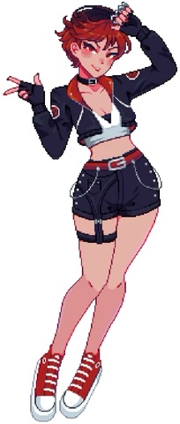 bra brass_knuckles choker denim_shorts female fingerless_gloves kari_kozhevnikova knuckle_duster leg_strap lowres painted_nails pixel_art red_eyes red_hair sneakers solo tank_top tanned_skin tomboy yumykon yumyverse