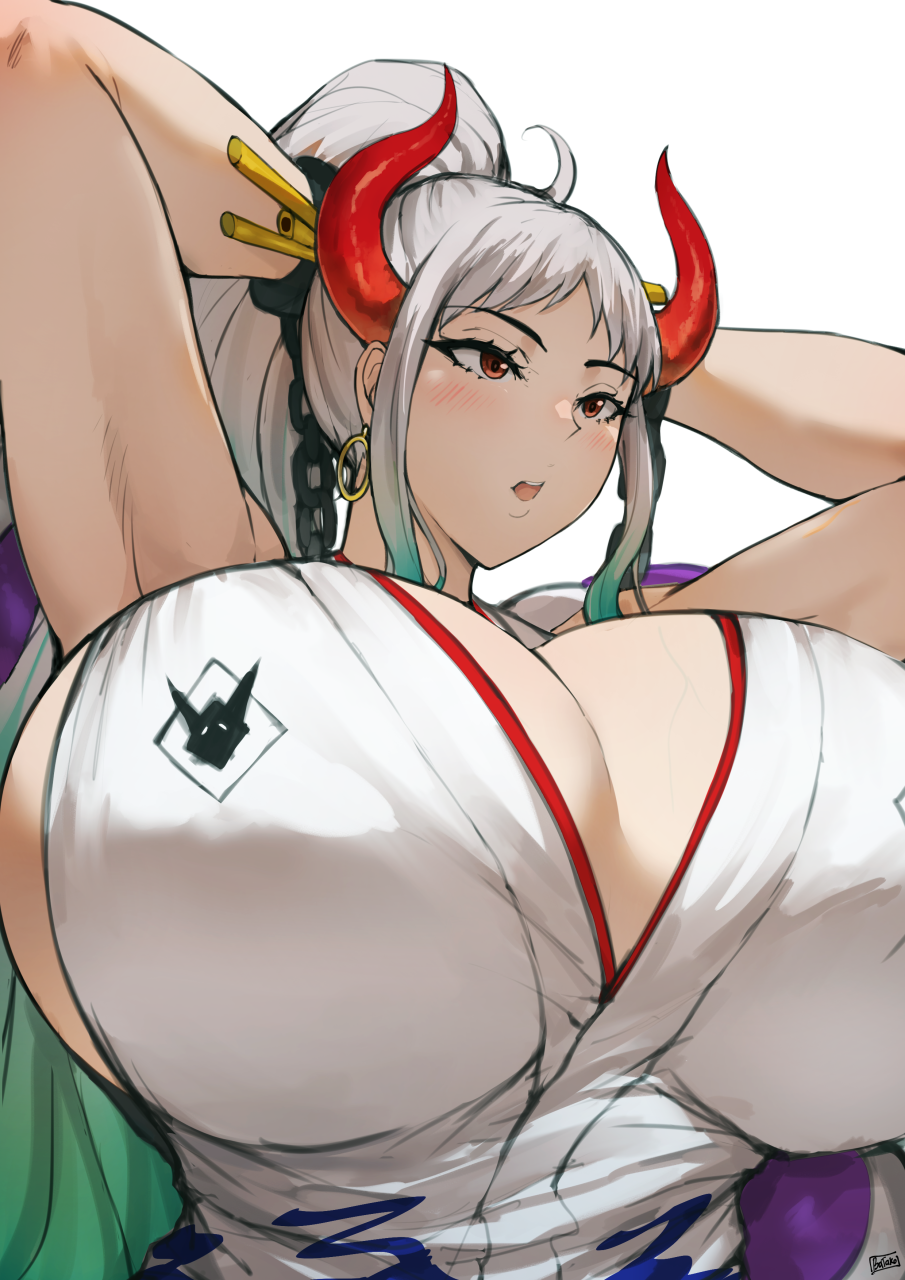 1girls arms_behind_head arms_up batako batako_(batakoart) blush breasts chains cleavage earrings female female_focus female_only green_hair hair_ornament hair_stick highres horns huge_breasts jewelry long_hair multicolored_hair one_piece orange_eyes sideboob solo two-tone_hair upper_body white_hair yamato_(one_piece)