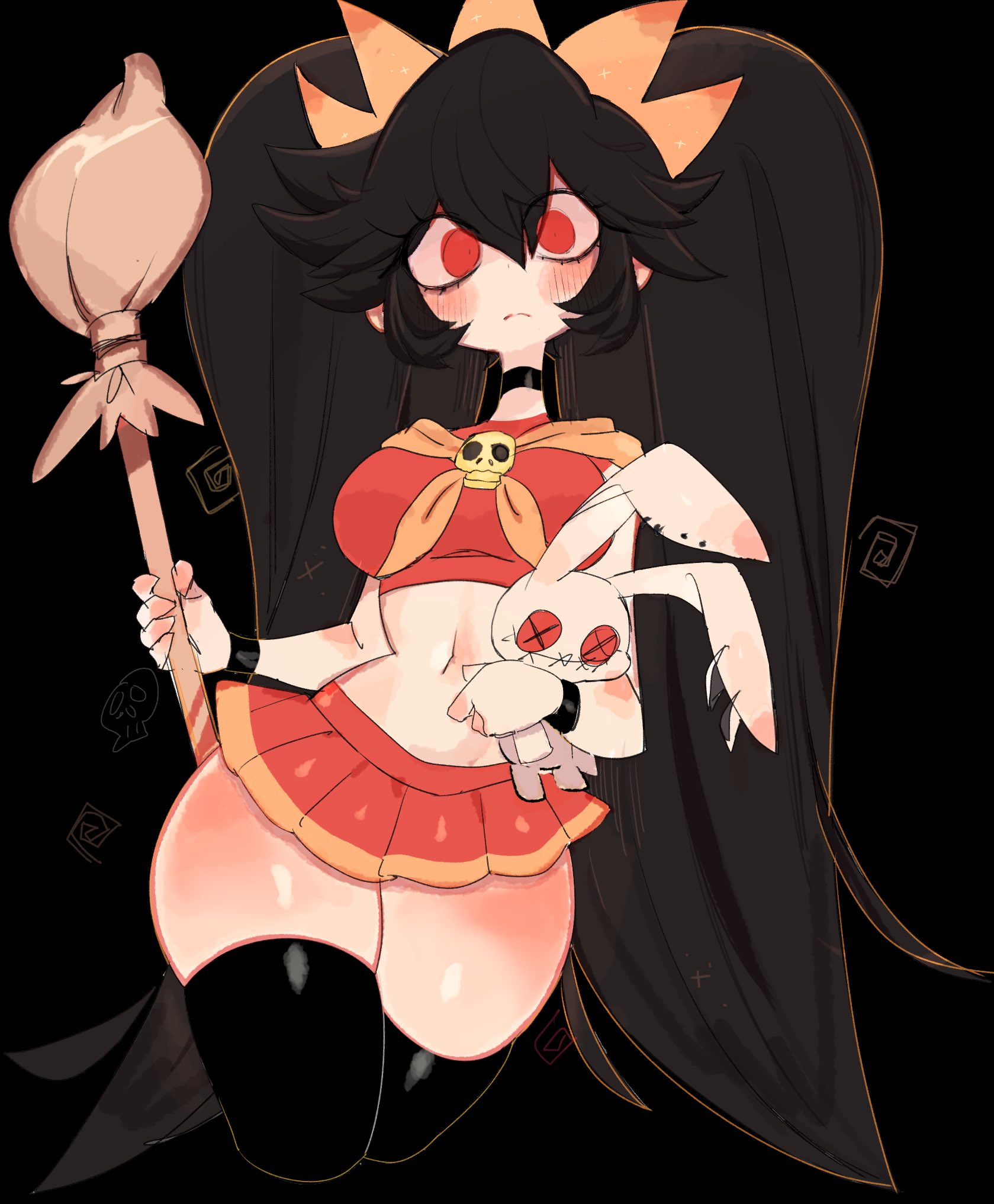1girls, ashley (warioware), bangs, big thighs, black hair, blush, bracelet, bracelets, breasts, broomstick, choker, crop top, female, female focus, female only, long hair, looking at viewer, medium breasts, midriff, miniskirt, navel, navel line, nintendo, pigtails, red eyes, skirt, slim waist, solo, solo female, solo focus, stuffed animal, thick thighs, thighhighs, thighs, thin waist, twintails, usa37107692, warioware, wide hips