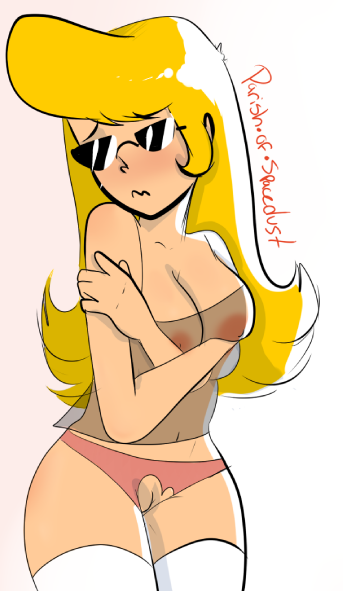 1girls areola blonde_hair breasts canon_genderswap cartoon_network cleavage curvy embarrassed enf female female_only jenny_bravo johnny_bravo johnny_bravo_(series) lingerie lost_clothes navel nipples panties pussy rule_63 sunglasses torn_panties