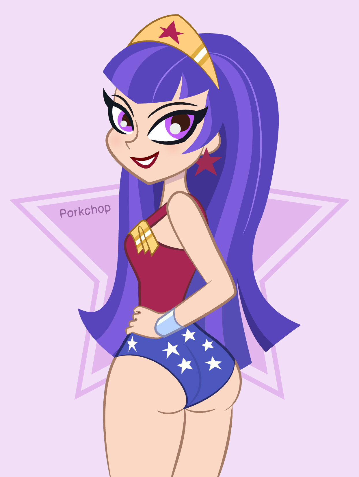 1girls, alternate costume, ass, big ass, bubble ass, bubble butt, cosplay, dc, dc comics, dc super hero girls, female, female only, porkchop (artist), purple eyes, purple hair, rear view, solo, wonder woman (cosplay), zee zatara