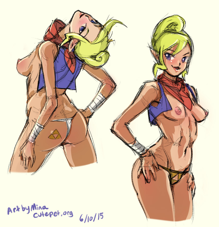 1girls, 2015, aged up, arched back, areolae, armwear, ass, ass tattoo, backboob, bandana, blonde hair, blue eyes, blush, breasts, breasts out, casual, clothing, cutepet, dark skin, dated, exposed breasts, female, female only, front view, hand on hip, head back, leaning back, legs apart, looking at viewer, mina (artist), minacream, navel, neckerchief, neckwear, nintendo, nipples, no bra, open mouth, open smile, outerwear, panties, parted lips, partially clothed, pirate, pointy ears, rear view, short hair, sideboob, sketch, smile, solo, standing, stripping, tattoo, tetra, the legend of zelda, the wind waker, thong, topless, triforce, vest, white background, white skin, wind waker, yellow hair