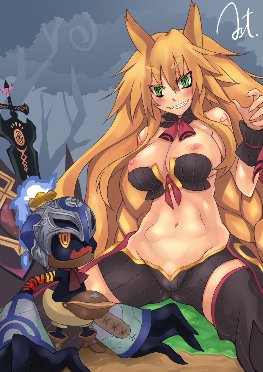 1boy 1girls breasts female hundred_knight large_breasts male metallia nippon_ichi_software pussy the_witch_and_the_hundred_knight