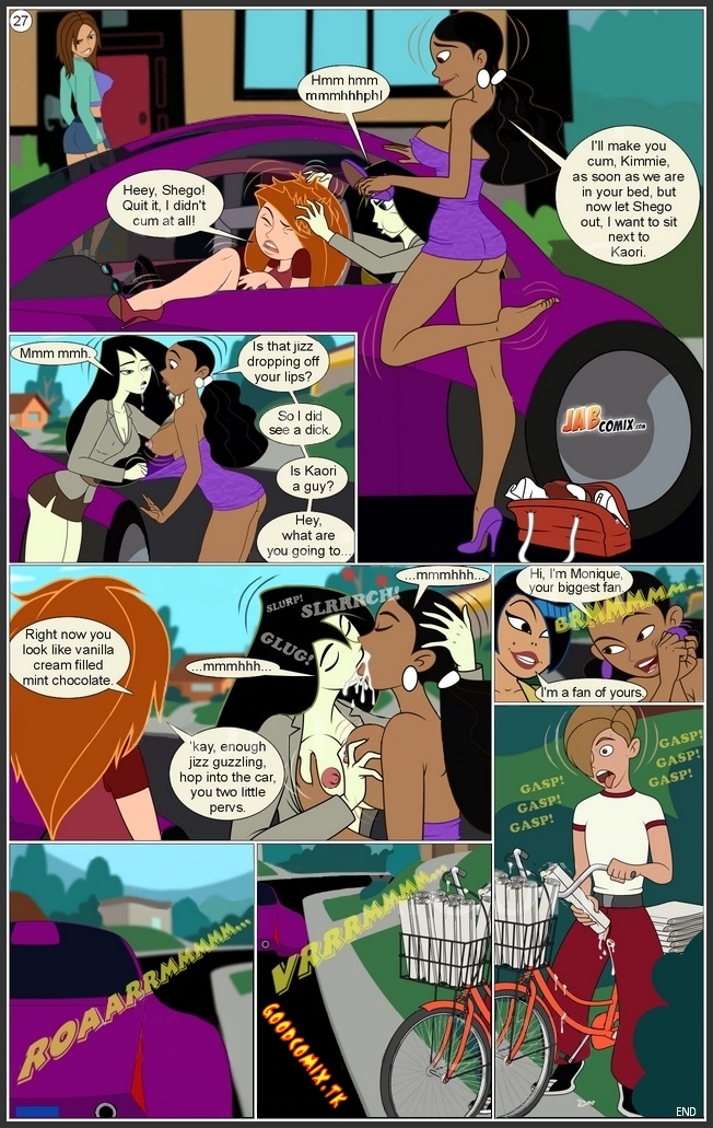 1boy, 4girls, areola, bimbo, bonnie rockwaller, breasts, cleavage, comic, disney, disney channel, end page, female, french kissing, gagala, human, kim possible, kimberly ann possible, male, monique (kim possible), multiple females, multiple girls, nipples, page 27, robby (kim possible), shego, the tale of kiki possible, vehicle, voluptuous, yuri