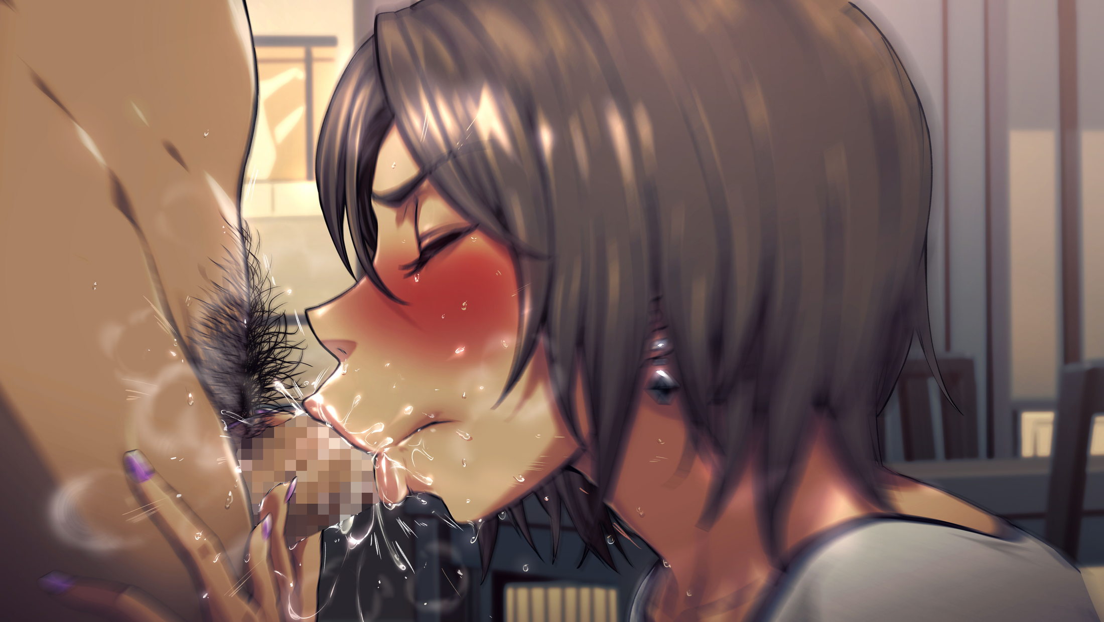:>=, ano danchi no tsuma-tachi wa, blush, brown hair, censored, closed eyes, clothed female nude male, collarbone, cum, cum in mouth, earrings, ejaculation, erection, fellatio, female, heavy breathing, highres, legs, male, mosaic censoring, nail polish, oral, original, orushibu, penis, pubic hair, purple nails, short hair, solo focus, standing, sweat, thighs, upper body