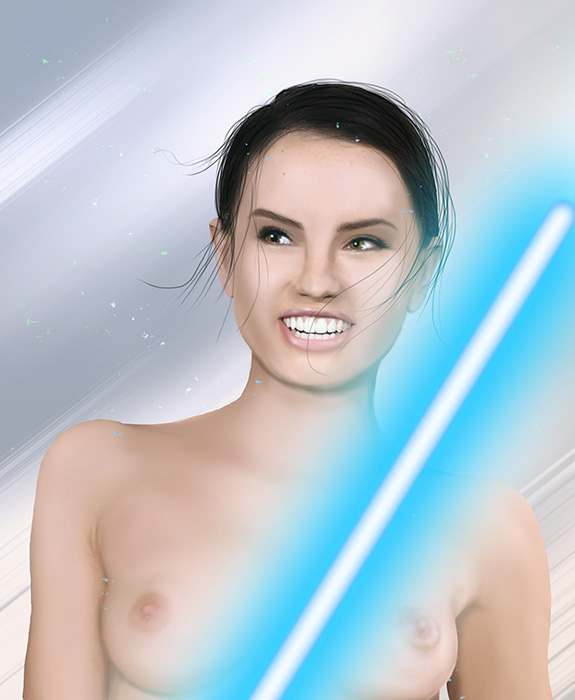 awkward_smile breasts brown_hair daisy_ridley female_focus female_only hazel_eyes krakensan lightsaber realistic rey short_hair simple_background star_wars the_force_awakens