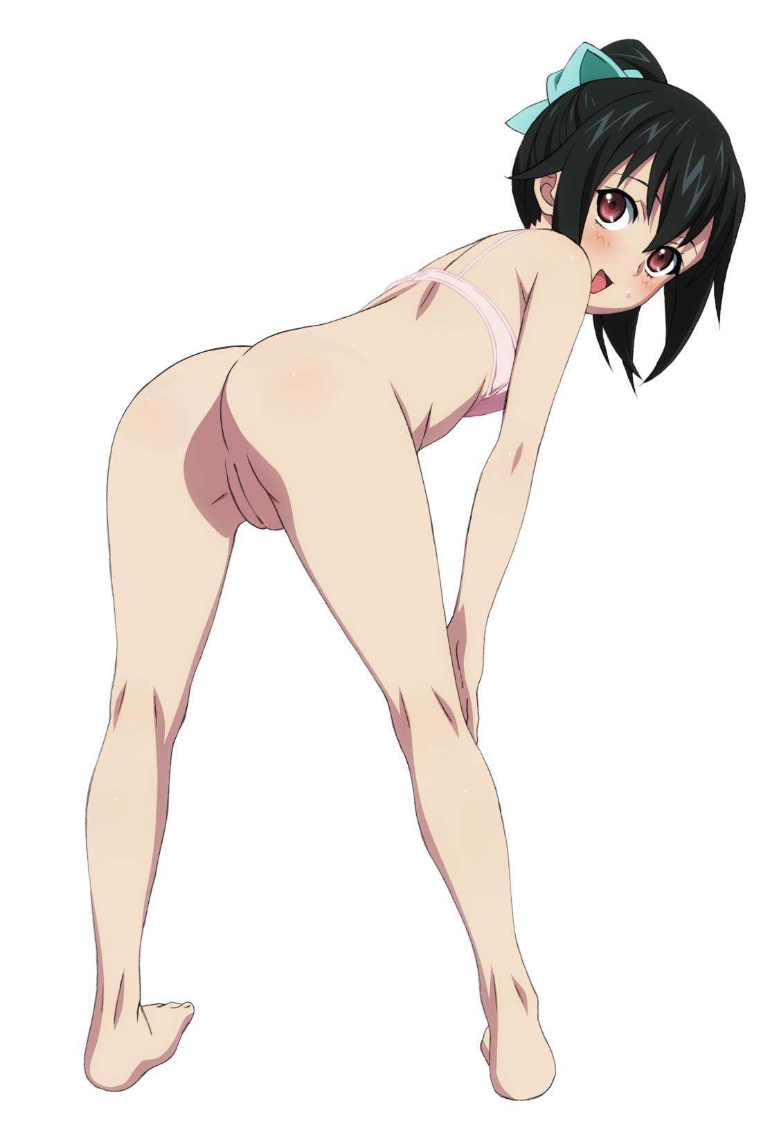 :d akatsuki_nagisa ass barefoot bent_over black_hair blush bow bra female hand_on_knee hand_on_own_knee innie_pussy kneepits mokke pink_bra ribbon short_hair smile solo strike_the_blood uncensored underwear