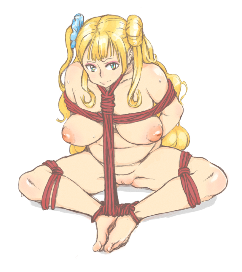 areolae arms_behind_back asymmetrical_hair blonde_hair blue_eyes bondage bound breast_bondage breasts eyeshadow female frogtie galko heikatsu inverted_nipples large_breasts long_hair looking_at_viewer makeup navel nipples one_side_up oshiete!_galko-chan plump puffy_nipples pussy rope side_bun sitting skindentation solo sweat uncensored