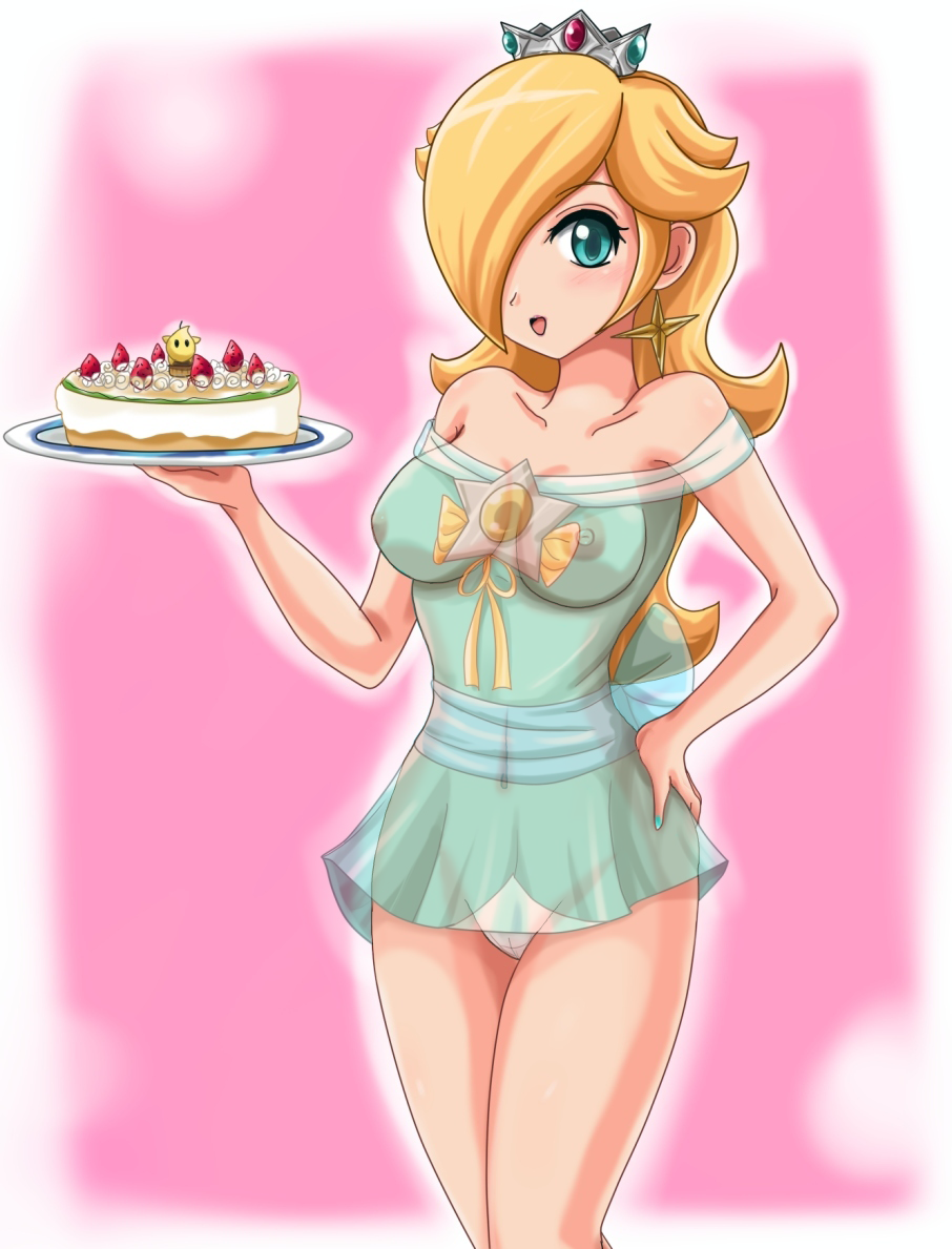 blonde_hair blue_eyes breasts cake female female_only gradient_background human human_only mario_(series) nail_polish nintendo nipples open_mouth photoshop princess_rosalina pussy sigurdhosenfeld skirt solo super_mario_galaxy waitress