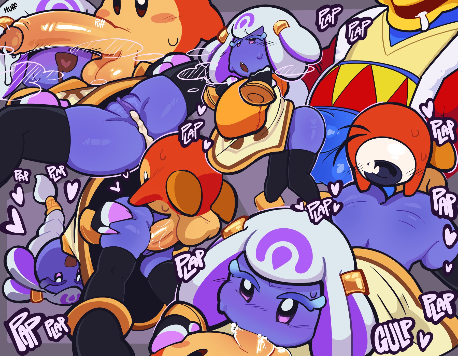 1girls, 2026, 2d, 3boys, anthro, ass, astranger, avian, balls, black thighhighs, blowjob, blue body, bodily fluids, bottomless, bottomless female, cock, cum, cum in pussy, cum leaking out of pussy, dick, fellatio, female, female penetrated, gangbang, interspecies, king dedede, kirby (series), kirby and the world beyond, male, male penetrating, multiple images, nintendo, onomatopoeia, oral, oral sex, penetration, penis, penis in mouth, penis on face, pink eyes, plap, purple body, pussy, sex, sphere creature, spitroast, straight, thighhighs, unnamed character, vagina, vaginal penetration, waddle dee, waddle doo, waddling head