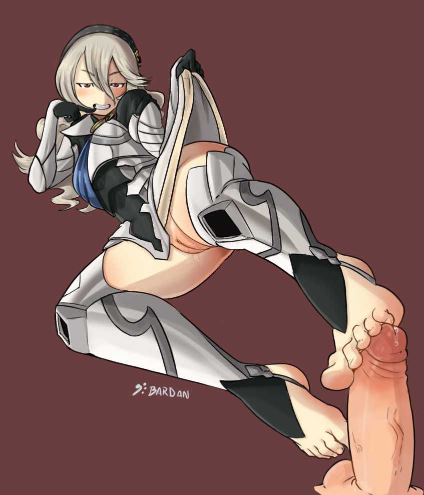 armor, bard-bot, barefoot, blush, corrin (fire emblem), corrin (fire emblem) (female), feet, female, fire emblem, fire emblem fates, foot fetish, footjob, hairband, higher resolution available, looking at viewer, male, penis, precum, pussy, red eyes, straight, toeless legwear, toes, uncensored, white hair
