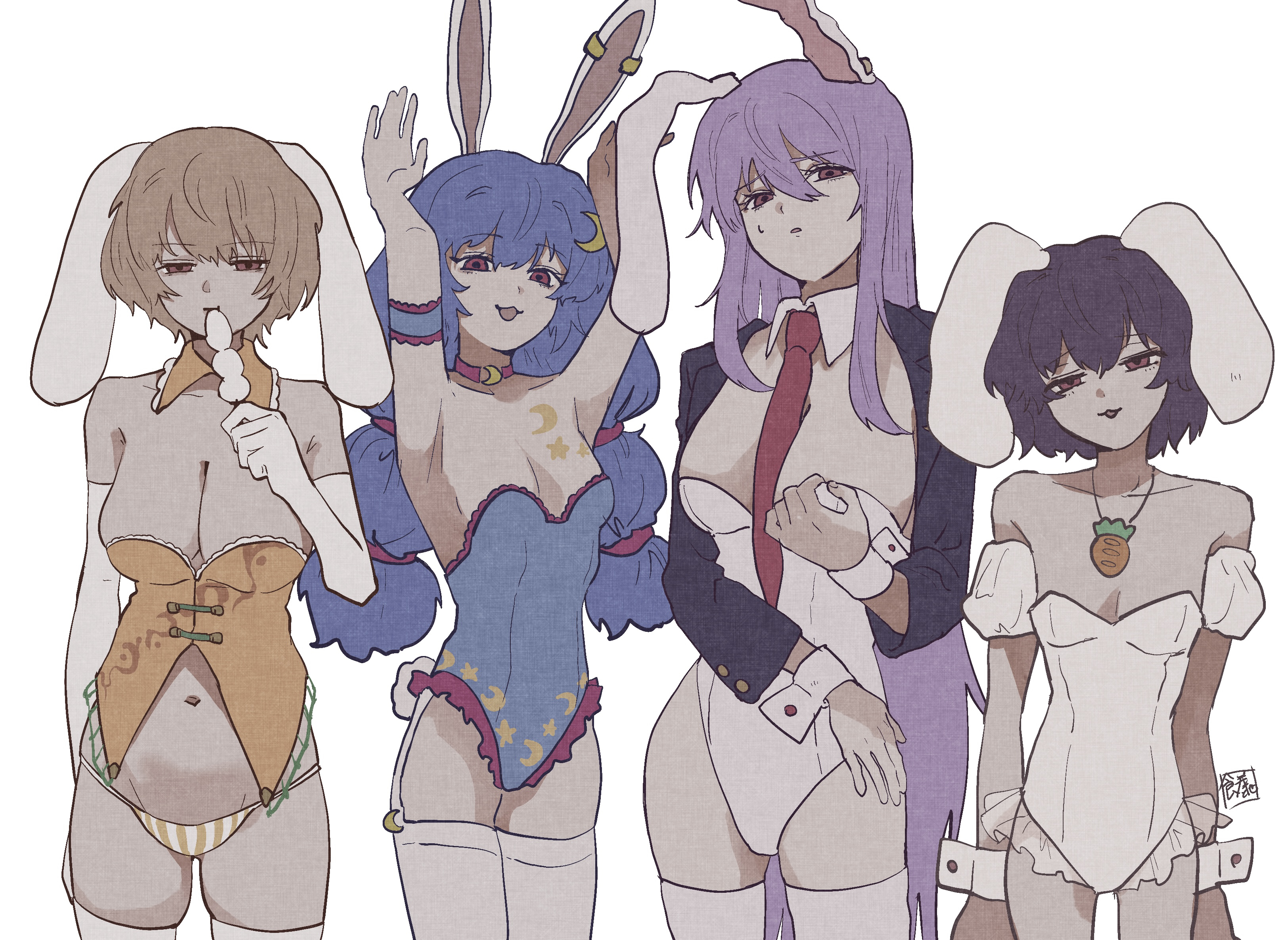 4girls, animal ears, arm garter, arm gloves, arm scrunchie, arm strap, armpits, arms behind back, arms up, bare shoulders, belly, belly button, between breasts, big breasts, black hair, blonde hair, blue hair, blue leotard, bored, bored expression, breast size difference, breasts, bunny ears, bunny pose, bunnysuit, carrot, carrot necklace, cleavage, collar, covered navel, cowboy shot, crescent, crescent hair ornament, crescent moon, dango, detached collar, disgusted, disgusted look, earclip, eating, eating food, elbow gloves, female focus, female only, flat chest, fluffy, fluffy hair, fluffy tail, food, frilled leotard, frills, gloves, group, hair on breasts, hair ornament, half-closed eyes, height difference, highleg, highleg leotard, holding, holding food, jacket, jewelry, leotard, long gloves, long hair, long sidelocks, long sleeves, medium breasts, multiple girls, navel, necklace, necktie, necktie between breasts, neckwear, open clothes, open shirt, open suit, panties, playboy bunny, puffy detached sleeves, puffy short sleeves, puffy sleeves, purple hair, rabbit, rabbit ears, rabbit girl, rabbit tail, red eyes, red necktie, reisen udongein inaba, ringo (touhou), seiran (touhou), short hair, sidelocks, simple background, small breasts, smile, smiling, smiling at viewer, stomach, strapless, strapless leotard, striped panties, suit, suit and tie, suit jacket, sweat, sweatdrop, sweating, tagme, tail, tattoo, tattoo on breast, tattoos, tewi inaba, thick thighs, thighhighs, thighs, touhou, very long hair, vest, white background, white gloves, white leotard, white thighhighs, wrist cuffs