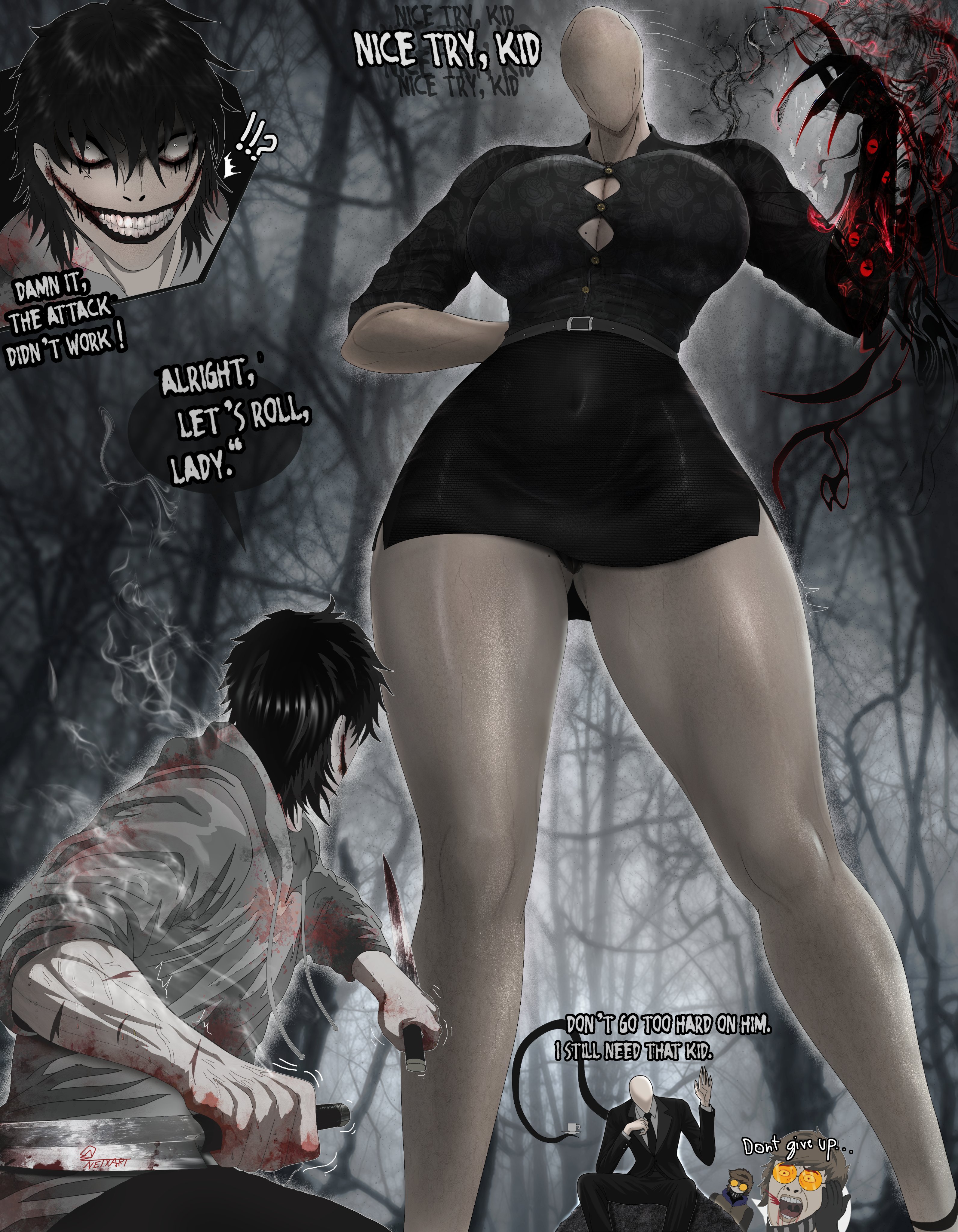 1girls, 3boys, artist name, artist signature, battle, big boobs, big breasts, boobs, breasts, creepypasta, extreme size difference, female, female focus, fighting, giantess, jeff the killer, large boobs, large breasts, male, meme, mini giantess, monster, monster boy, monster girl, netxart, observing, size difference, slenderman, slenderwoman, thick thighs, thighs, ticci toby