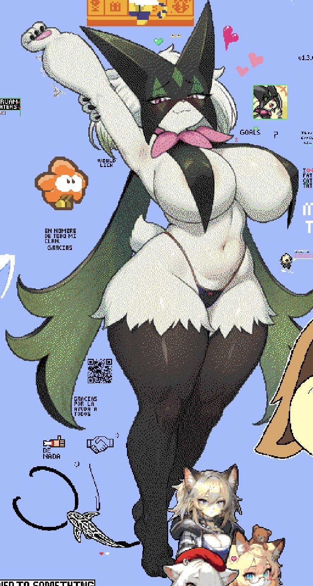 1girls, anthro, bikini bottom, curvy, furry, huge breasts, hyper breasts, meowscarada, pixel art, pokemon, pokemon (species), solo, topless, wplace, wplace (artwork)