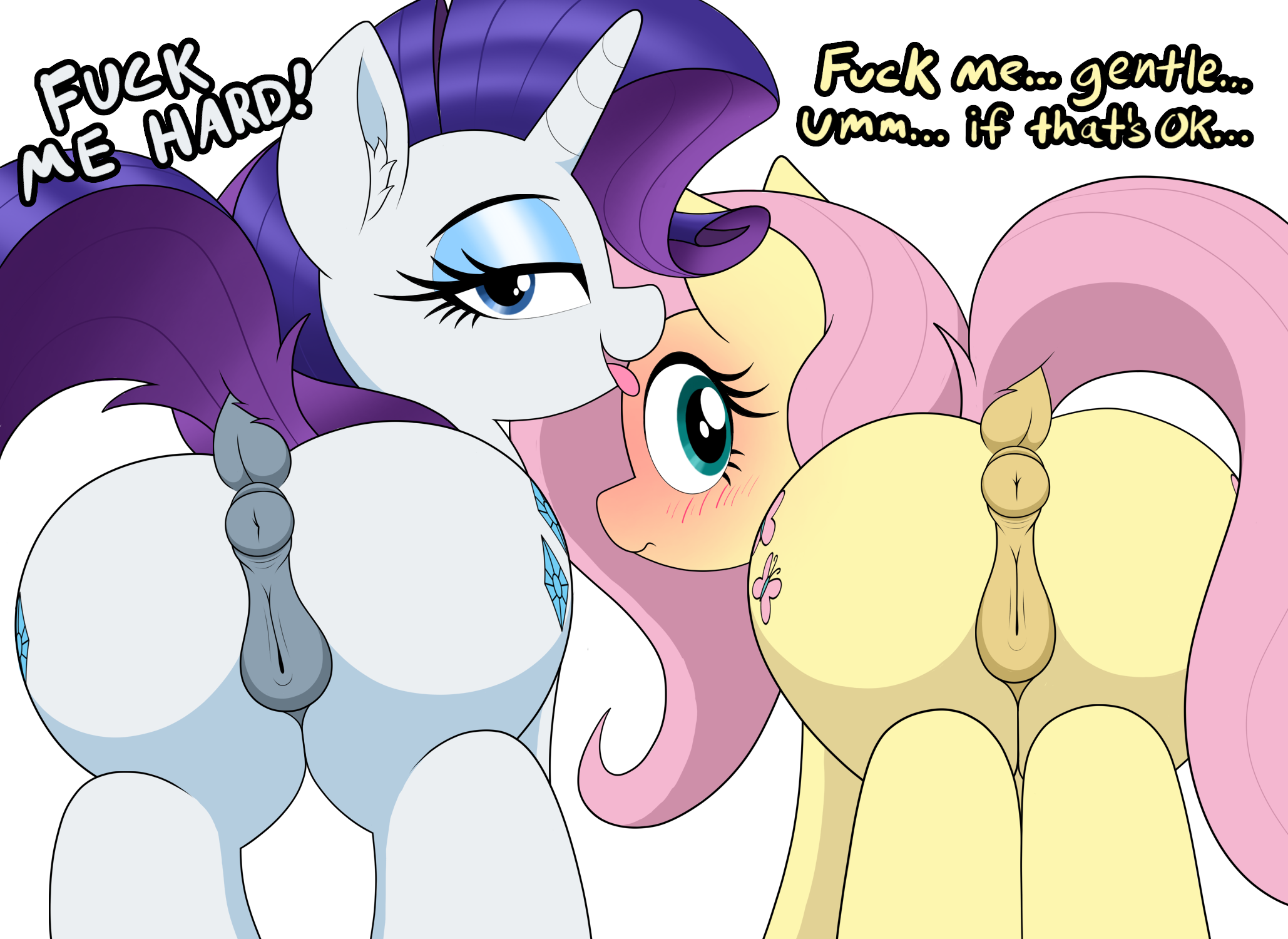 animal genitalia, animal vulva, anus, big butt, blue eyes, blush, butt, dialogue, dock (anatomy), duo, equid, equine, equine anus, equine genitalia, equine vulva, eyelashes, female, female feral, feral, fluttershy (mlp), friendship is magic, genitals, hair, hasbro, hi res, horn, inner ear fluff, looking at viewer, looking back, mammal, my little pony, mythological creature, mythological equine, mythology, pink hair, puffy anus, pupils, purple hair, quadruped, raised tail, rarity (mlp), smile, tail, tail aside, take your pick, text, tongue, tongue out, tuft, unicorn, vomitvomiting, vulva, white body, yellow body