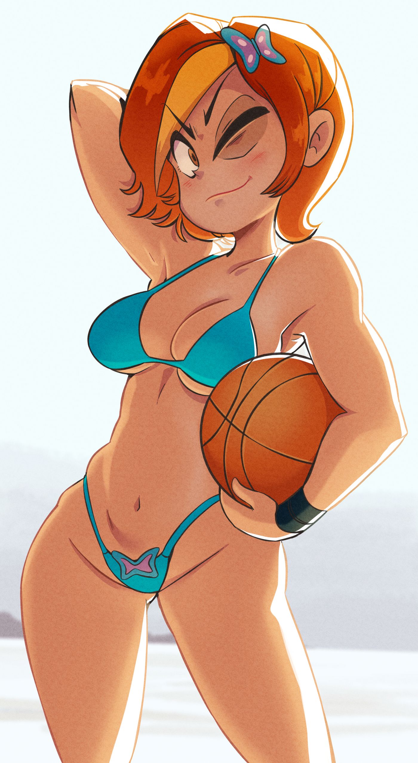1girls, aqua bikini, ball, basketball (object), big breasts, bikini, breasts, butterfly (planetronika), cameltoe, choker, cleavage, curvy, female focus, hand above head, heart, highleg, highleg bikini, highres, holding, holding ball, huge breasts, looking at viewer, mrralf, navel, one eye closed, orange eyes, orange hair, planetronika, short hair, simple background, skindentation, solo, swimsuit, thick thighs, thigh gap, thigh strap, thighs, thong, thong bikini, wide hips, wink