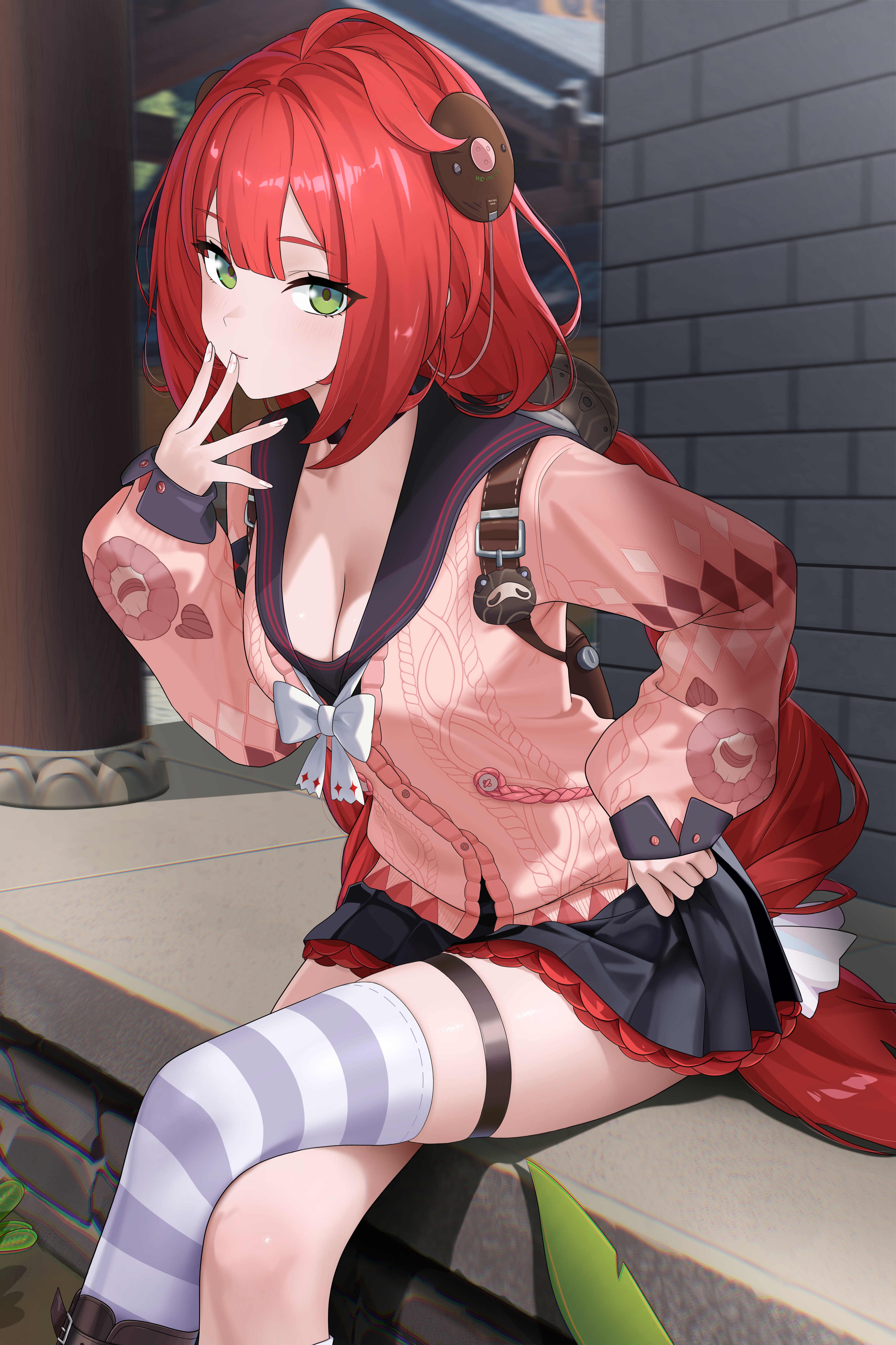 1girls, absurd res, beautiful girl, big breasts, breasts, breasts visible, colored nails, crimson hair, crossed legs, cum tribute material, cute face, cute girl, green eyes, hand on mouth, hi res, high socks, hoyoverse, imminent sex, ir who, knees, legs, legs crossed, long hair, long legs, long nails, manicure, mihoyo, nail polish, nails, painted nails, perfect boobs, red hair, seducing, seducing viewer, seduction, seductive, seductive body, seductive eyes, seductive look, seductive mouth, seductive pose, sexy, sexy attire, sexy body, sexy female, sexy girl, sexy outfit, she knows, short skirt, showing leg, skirt, skirt lift, slender, slender body, slender build, slender legs, slender waist, sock, suggestive, suggestive gesture, suggestive pose, suggestive posing, thick thighs, thighhighs, thighs, ukinami yuzuha, white nails, zenless zone zero