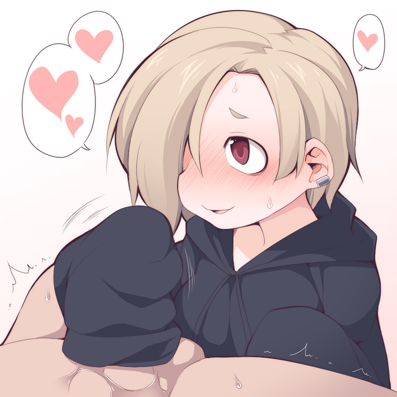 blonde_hair blush clothesjob duo ear_blush earrings faceless_male female hair_over_one_eye handjob hands_in_sleeves hood hoodie idolmaster idolmaster_cinderella_girls jewelry male open_mouth penis piercing precum red_eyes shirasaka_koume short_hair sleeves_past_wrists smile uccow