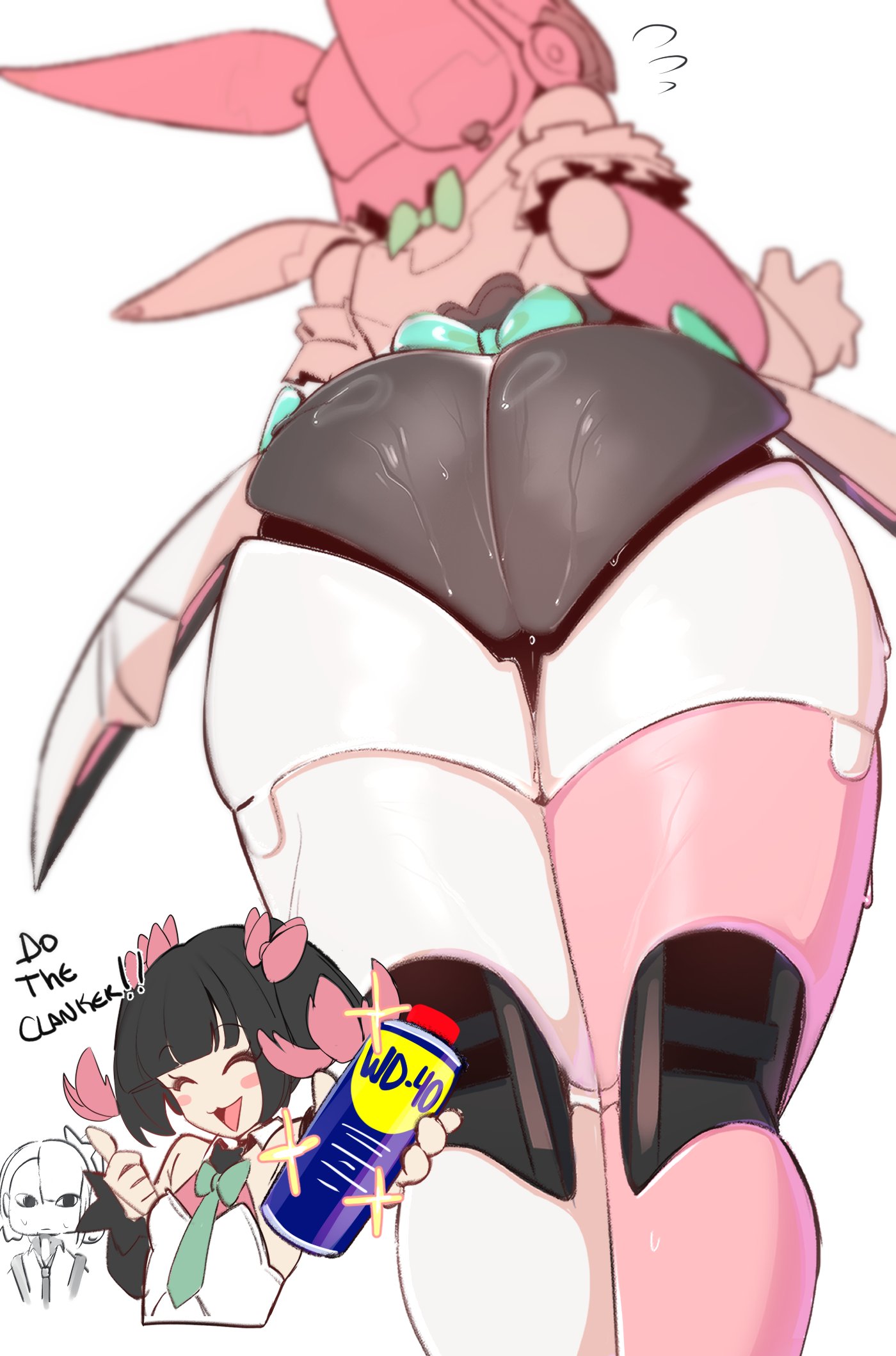 1girls, angels of delusion, aria (zenless zone zero), aria (zenless zone zero) (robot form), ass, ass focus, big ass, clanker, closed eyes, english text, gen (unzzenasd), highres, nangong yu (zenless zone zero), oil, robot, robot girl, sunna (zenless zone zero), sweat, sweaty ass, text, text bubble, thick thighs, thighs, thumbs up, twintails, wd-40, wide hips, zenless zone zero