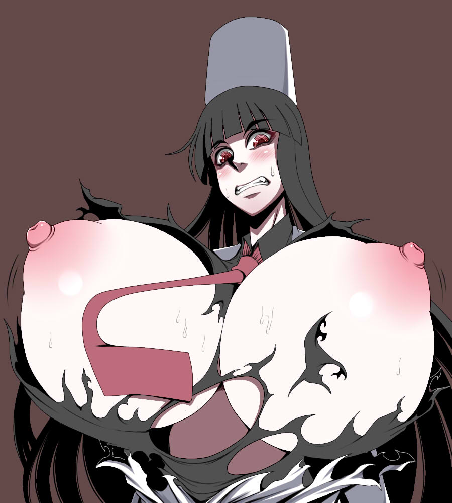 1girls ahe_gao areolae black_hair blush breast_expansion breasts bursting_breasts canon_genderswap cleavage clenched_teeth fangs female gigantic_breasts girlycard hat hellsing hellsing_ultimate hikora large_breasts long_hair looking_at_viewer necktie necktie_between_breasts nipples puffy_nipples red_eyes rule_63 simple_background solo torn_clothes vampire voluptuous