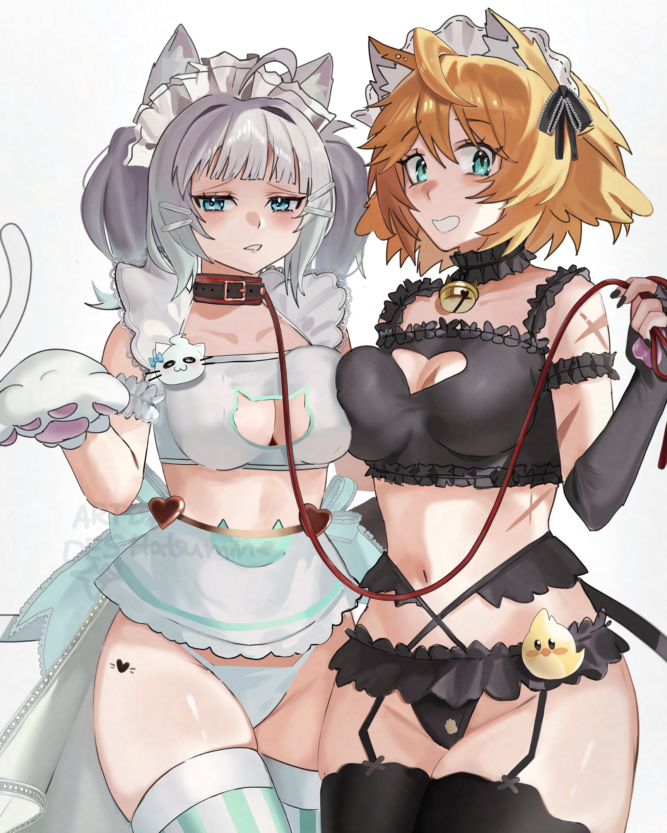 2girls, absurdres, ahoge, animal ears, animal hands, bell, black bra, black collar, black gloves, black panties, black thighhighs, blonde hair, blue eyes, blush, bra, breasts, cat cutout, cat ears, cat lingerie, choker, cleavage, clothing cutout, collar, commentary, densetsu.exe, des hatsumine, dokibird, elbow gloves, english commentary, fingerless gloves, frilled choker, frills, gloves, green eyes, heart cutout, highres, holding, holding leash, indie virtual youtuber, leash, maid, maid headdress, medium breasts, mint fantome, multiple girls, navel, neck bell, panties, paw gloves, short hair, thighhighs, thighs, underwear, virtual youtuber, vtuber, vtuber persona, vtuberfanart, vtubers, white bra, white hair, white panties