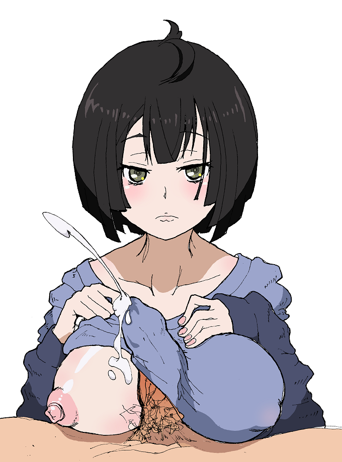 active_raid amano_madoka_(active_raid) black_hair breasts cum cum_through_clothes expressionless female grey_eyes lips male nipples paizuri paizuri_under_clothes penis short_hair straight