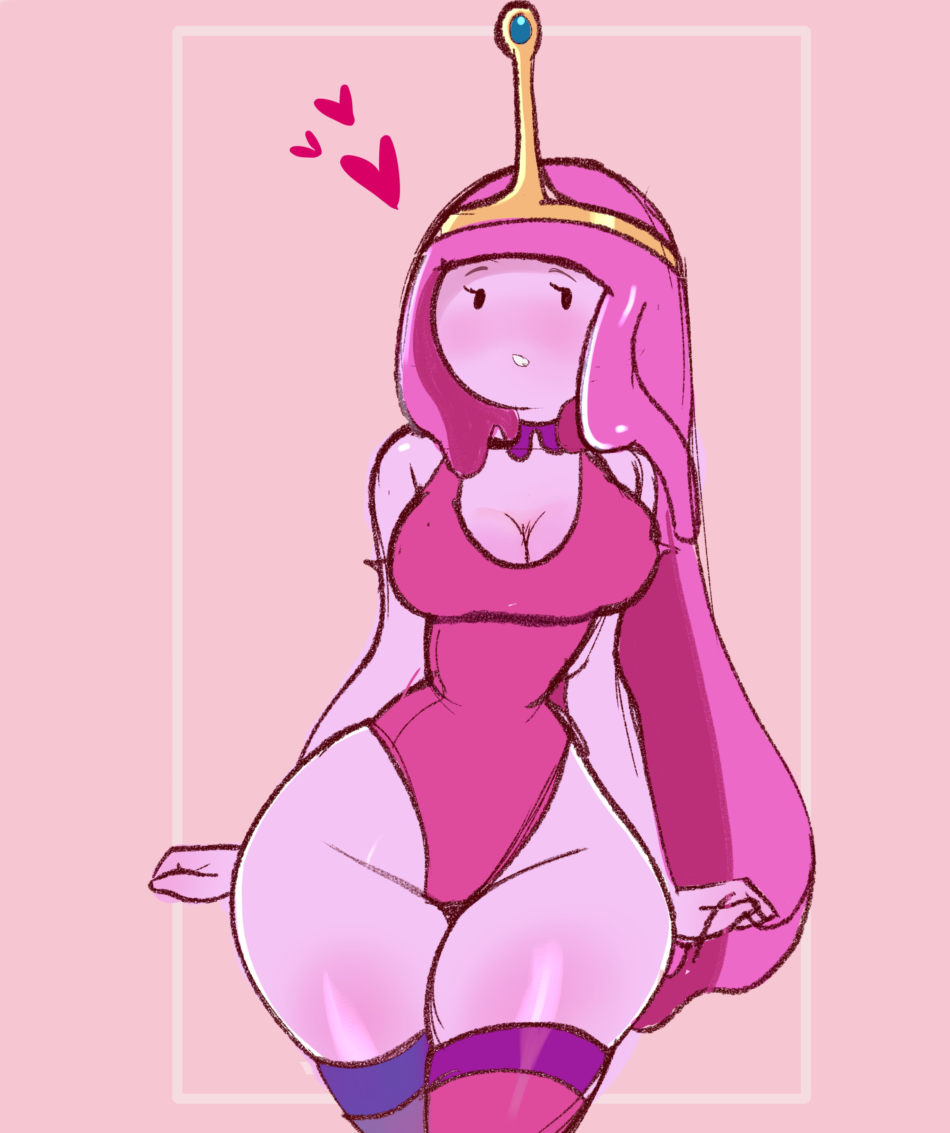 adventure time, cartoon network, female only, hearts, large breasts, leotard, pink skin, princess bubblegum, simple face, solo female, tagme (artist), thick thighs, voluptuous, voluptuous female