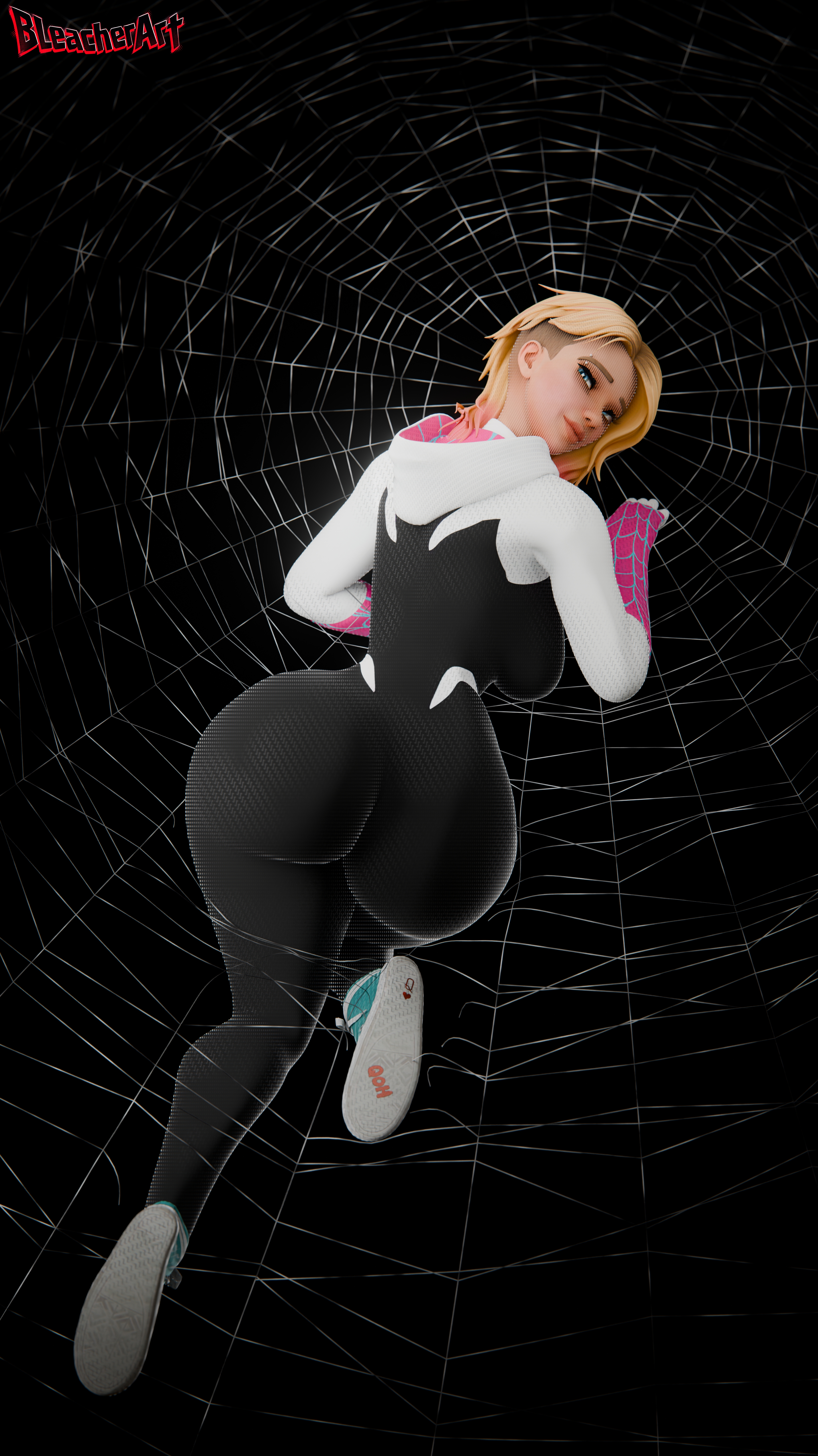 1female, 1girls, 3d, 3d (artwork), 3d model, 3d render, absurd res, absurd resolution, absurdres, alternate version at source, alternate version available, ass, big ass, big breasts, big muscles, bleached, bleacherart, blonde female, blonde hair, blonde hair female, blonde-haired female, breasts, female, female focus, female human, gwen stacy, gwen stacy (spider-verse), high resolution, highres, huge breasts, human, human female, human only, large breasts, light body, light skin, light-skinned female, marvel, marvel comics, movie, qoh, queen of hearts, queen of hearts symbol, self upload, shiny skin, side shave, solo, solo female, solo focus, spider-gwen, spider-man, spider-man (series), spider-man: across the spider-verse, spider-man: into the spider-verse, superhero costume, superheroine, twitter link, twitter user oc, twitter username, web, woman focus