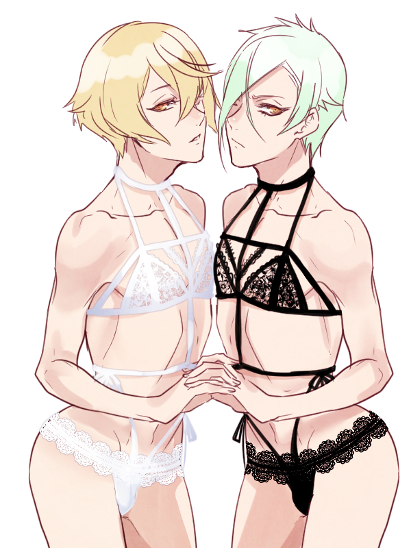 2boys blonde_hair blush bulge green_hair higekiri hizamaru lingerie looking_at_viewer male_only multiple_boys simple_background tagme touken_ranbu underwear zuwai_kani zuwaikani