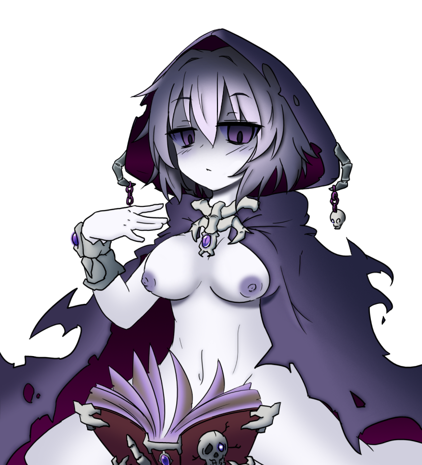 bad_censor book breasts cloak covering female gothic hair_between_eyes hood jewelry lich lich_(mamono_girl_lover) lich_(monster_girl_encyclopedia) looking_at_viewer mamono_girl_lover monochrome monster_girl monster_girl_encyclopedia naked_cloak navel nipples pale_skin photoshop purple_eyes purple_nipples short_hair silver_hair solo undead